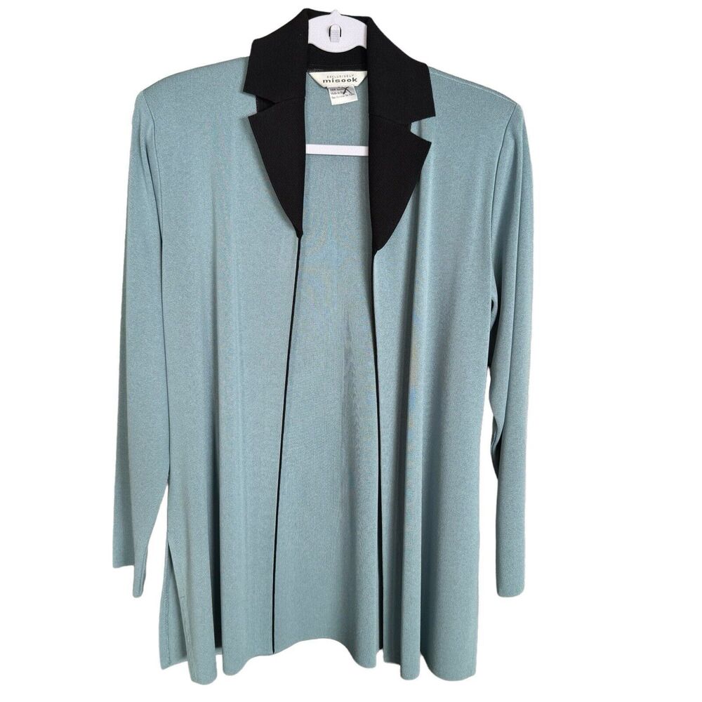 Exclusively Misook Women's Size S Cardigan Knit Teal Black Colar Career Office